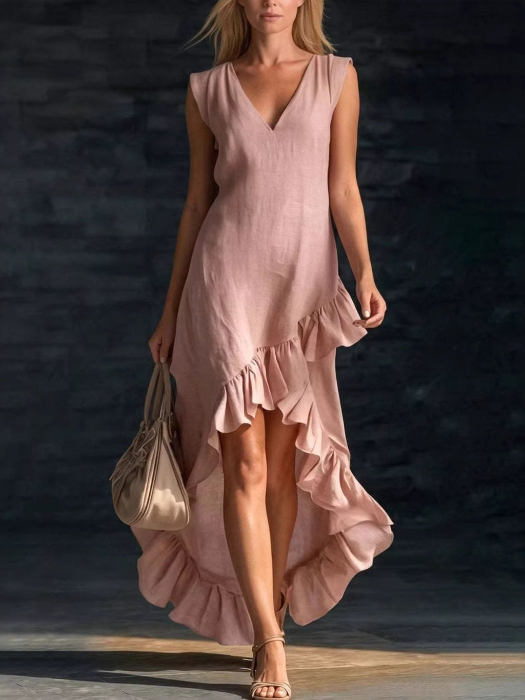 Sleeveless V-neck Ruffle Hem High-low Dress (6)