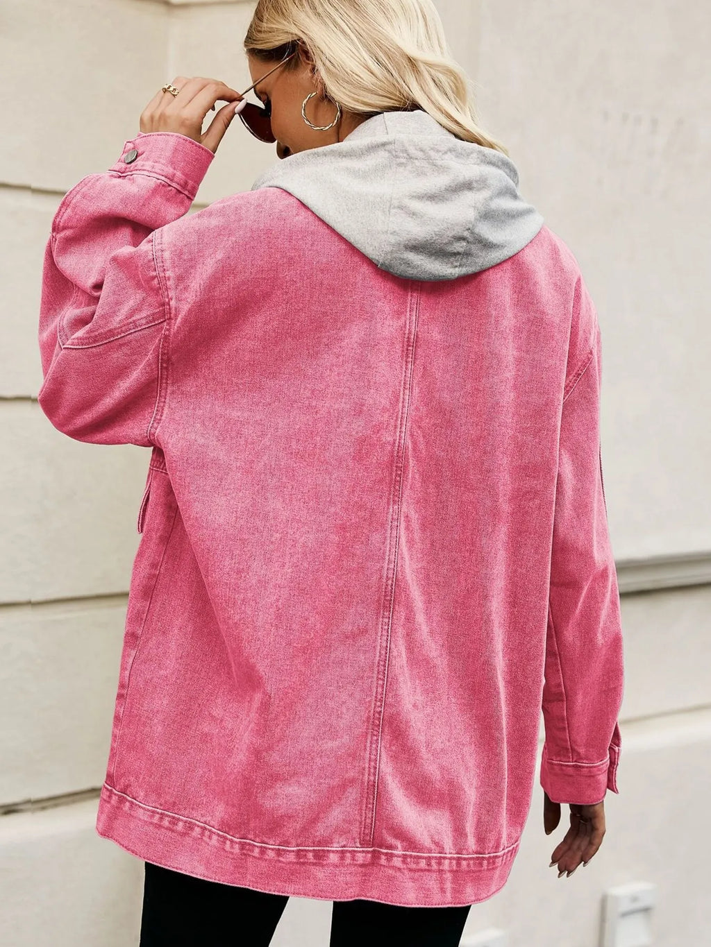 Oversized Button Up Denim Jacket Hood (2)