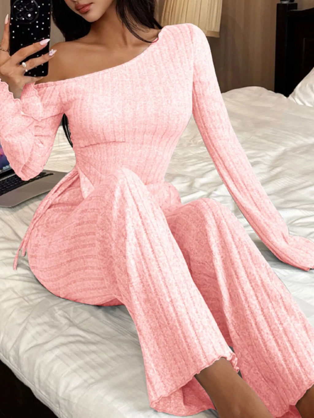 One-shoulder Ribbed Knit Top Pants Set (15)