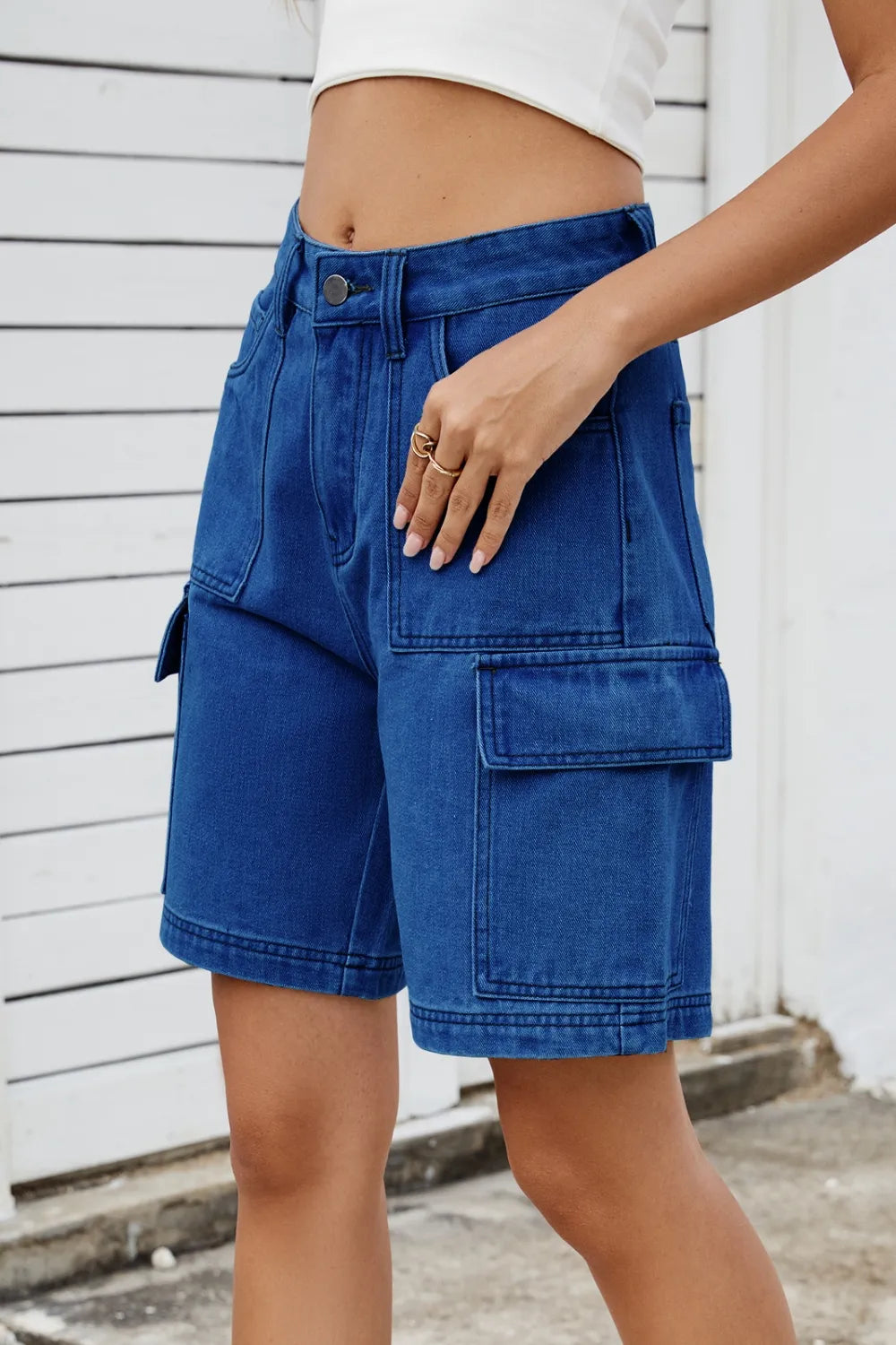 High Rise Denim Shorts Cargo Pockets (4)