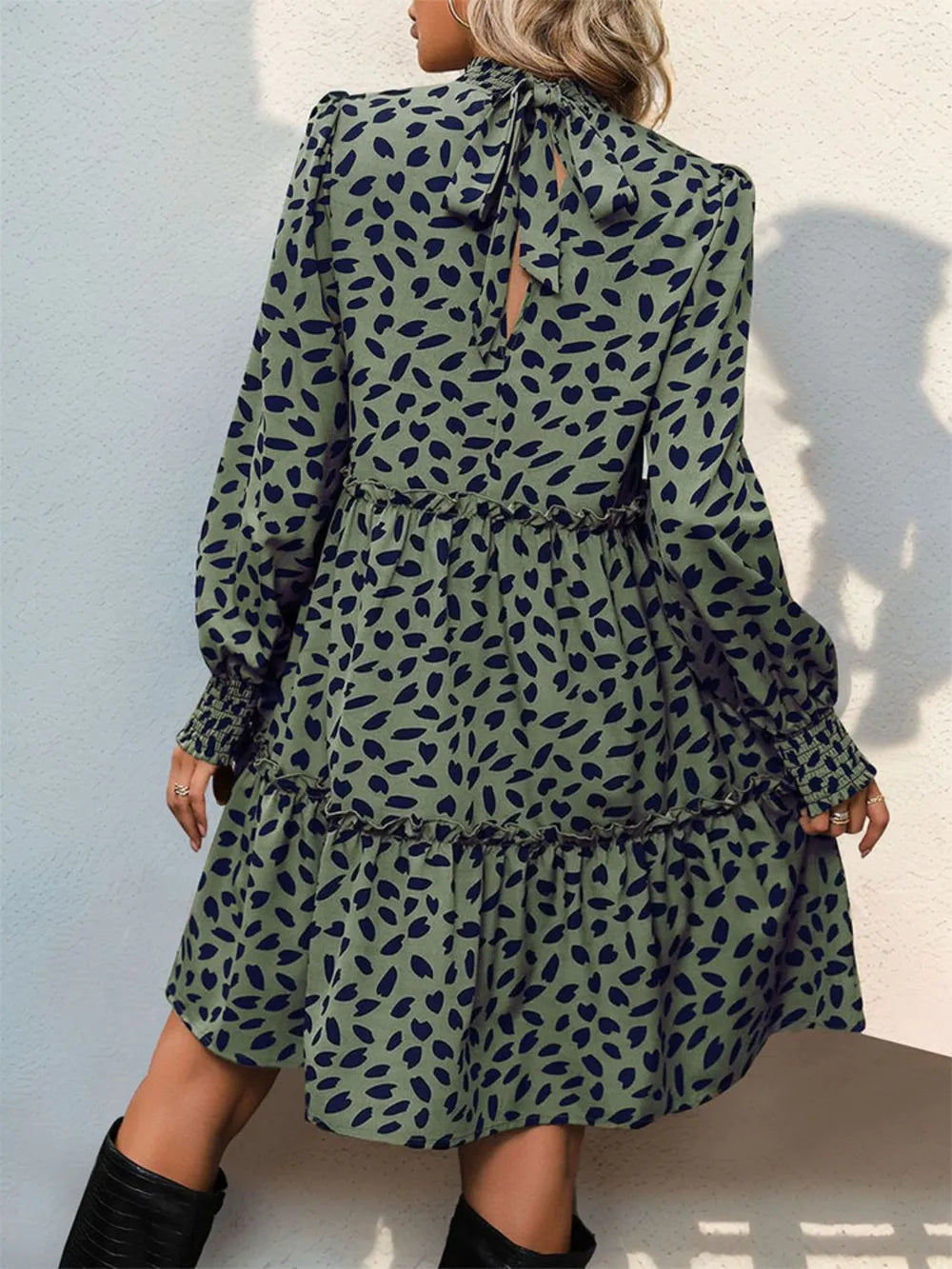 Frill Printed Mock Neck Long Sleeve Mini Dress (12)