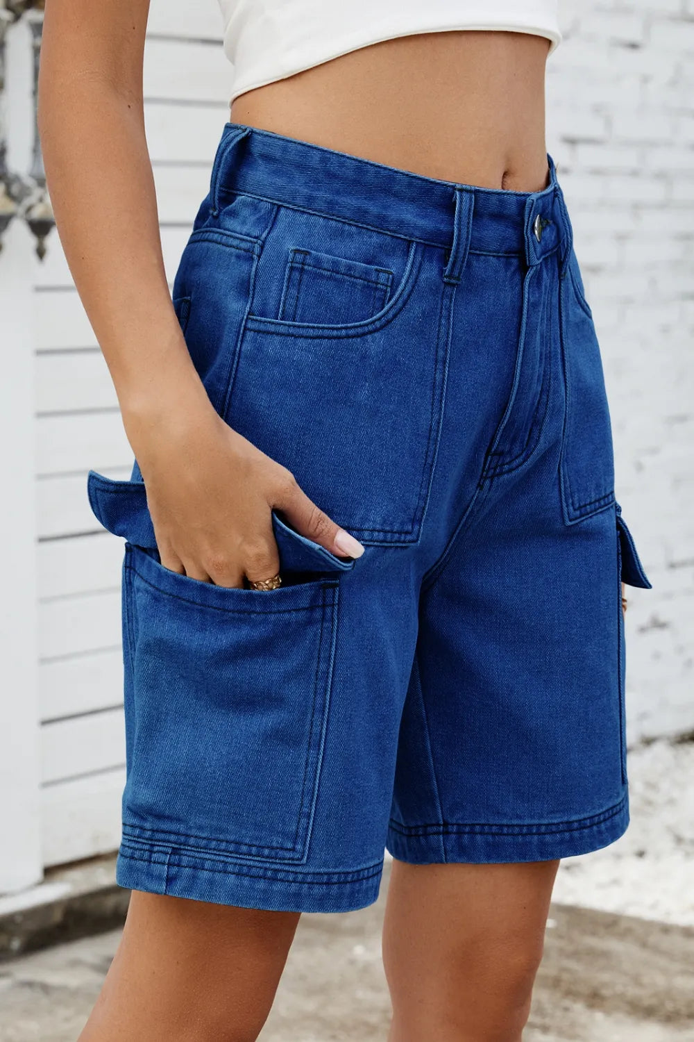 High Rise Denim Shorts Cargo Pockets