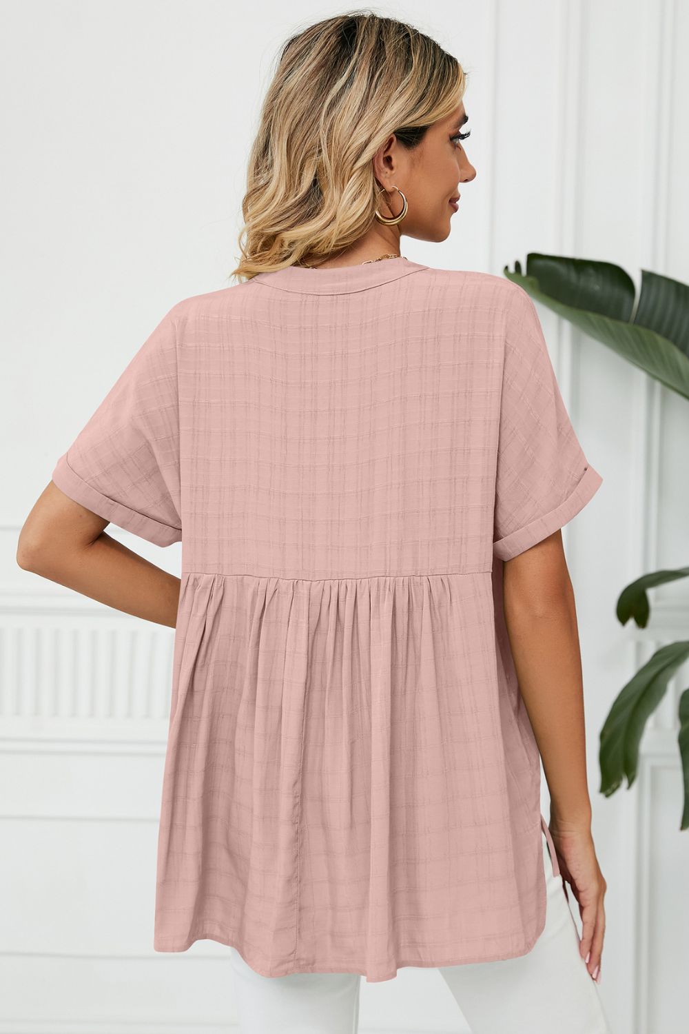 Side Slit Notched Neck Cuffed Short Sleeve Blouse (2)