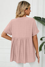 Side Slit Notched Neck Cuffed Short Sleeve Blouse (2)