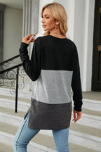 Block Round Neck Long Sleeve Slit T-shirt (21)