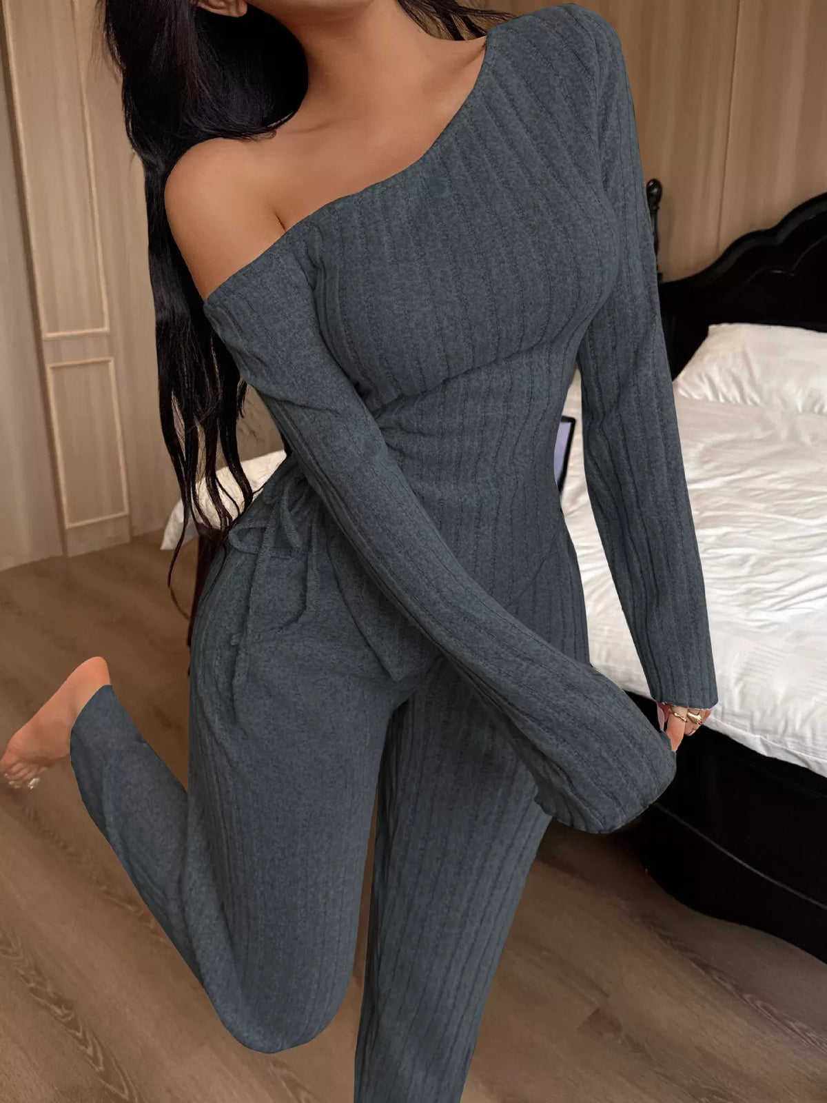 One-shoulder Ribbed Knit Top Pants Set (12)