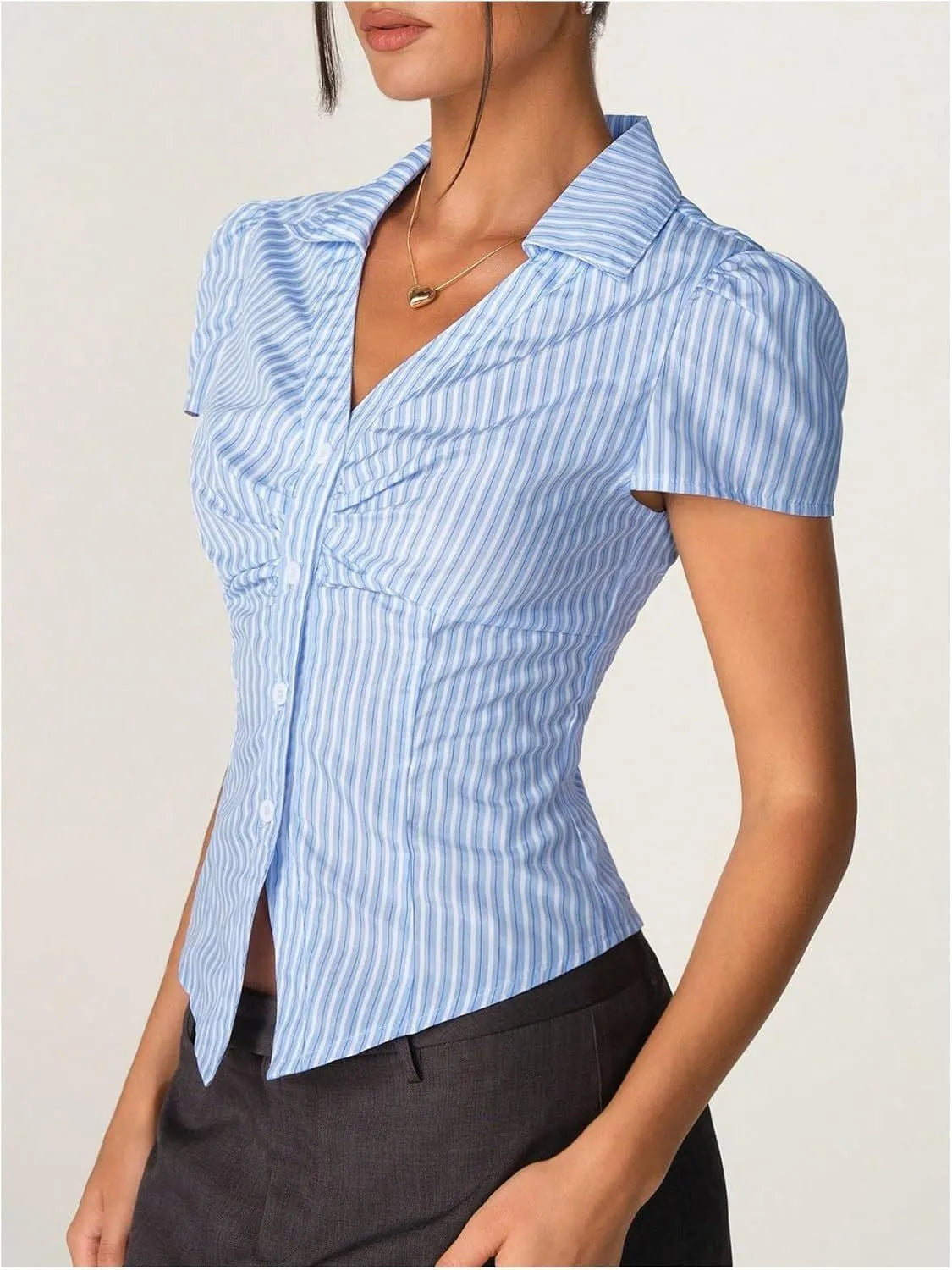 Striped Collared Neck Short Sleeve Shirt (10)