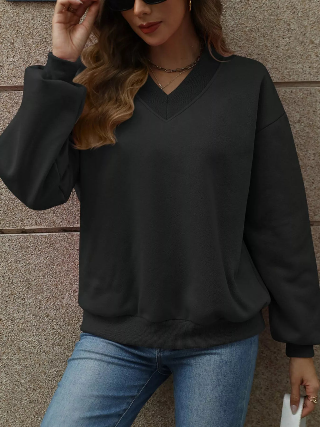 V-neck Solid Color Casual Sweatshirt (16)