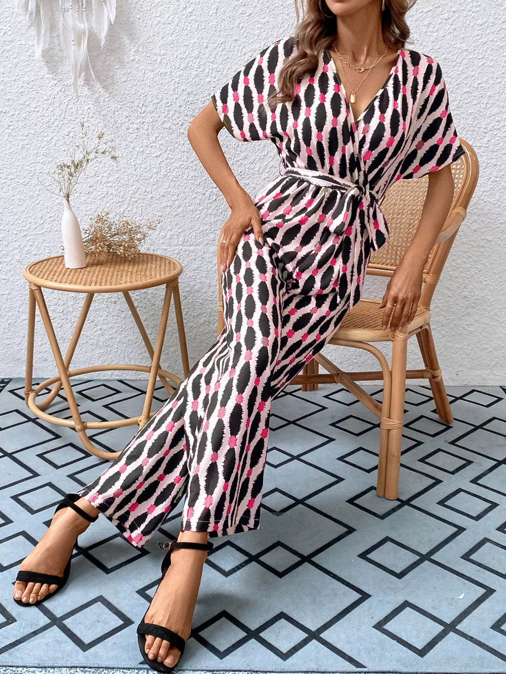 Printed Surplice Tie Waist Short Sleeve Jumpsuit (8)
