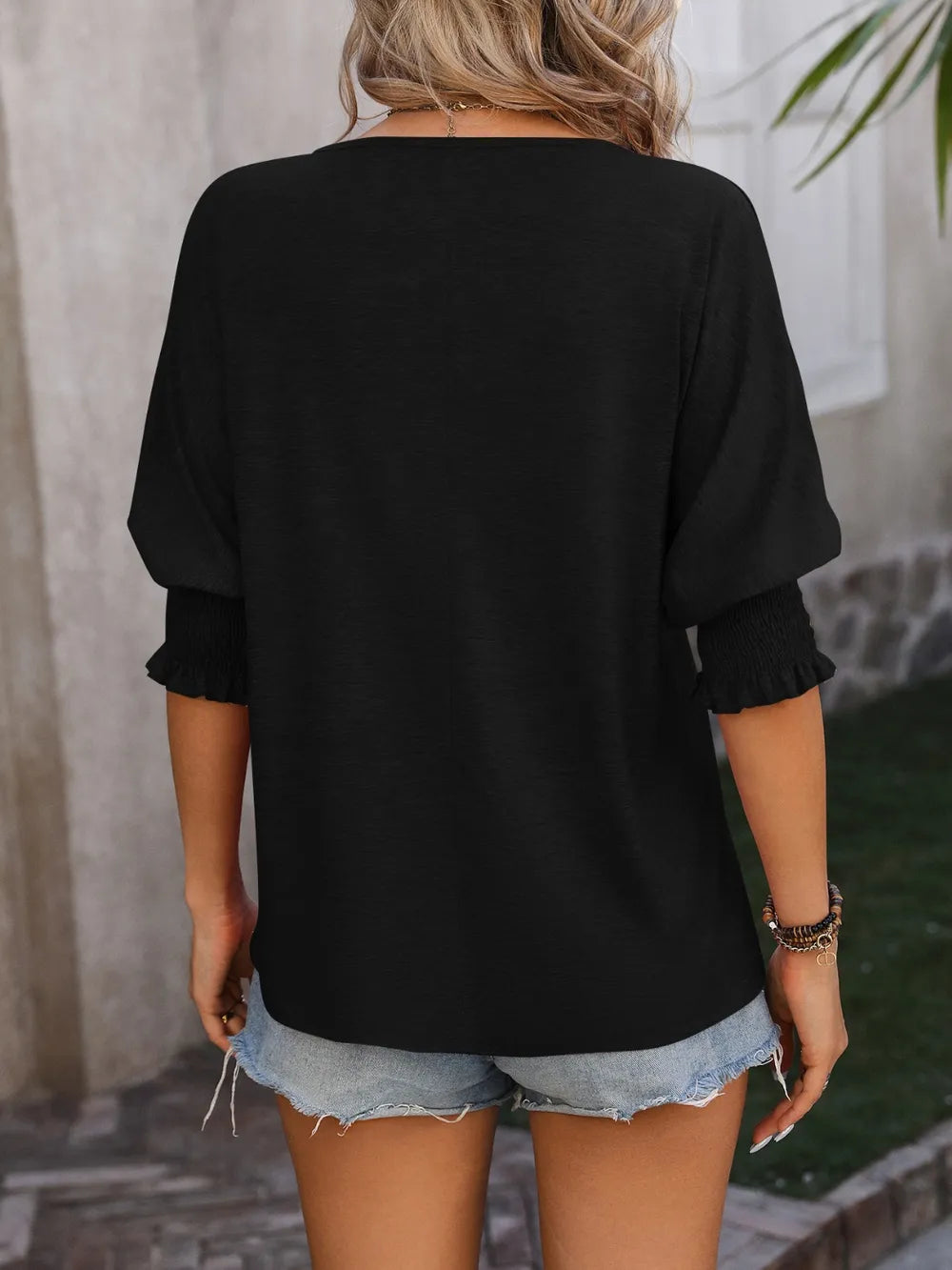 Heathered Notched Lantern Sleeve Blouse (8)