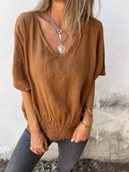 Full Size Smocked Hem V-neck Relaxed Fit T-shirt Plus (12)