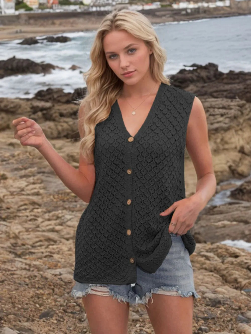 Button Down Eyelet V-neck Sweater Vest (6)