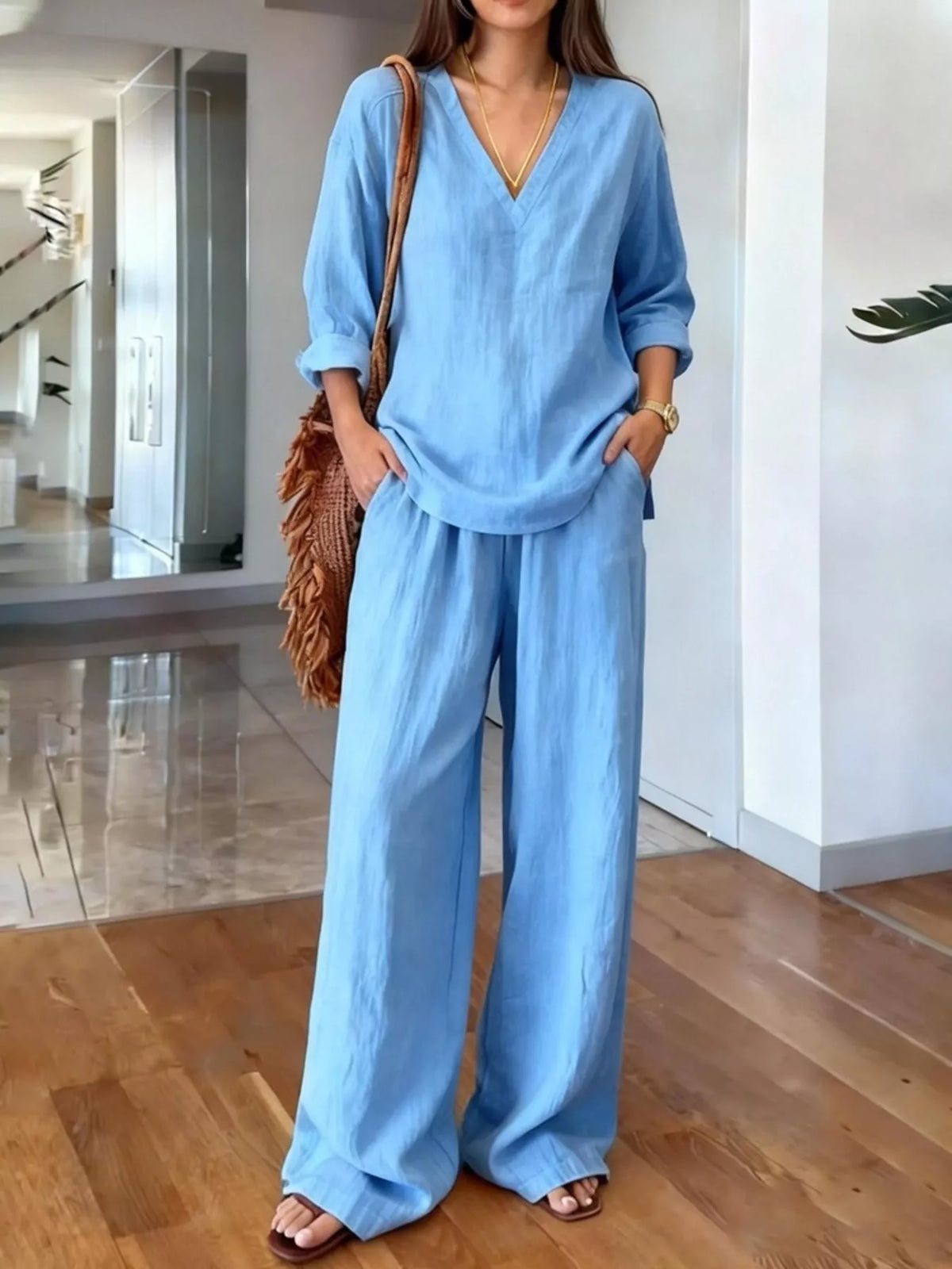 V-neck Top Wide-leg Pants Set (6)
