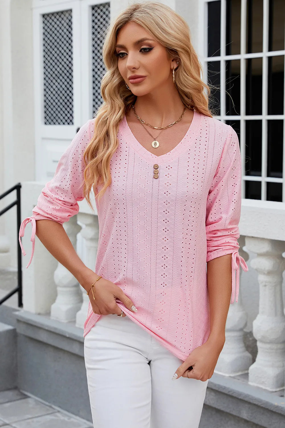 Eyelet Drawstring V-neck Half Sleeve T-shirt (3)