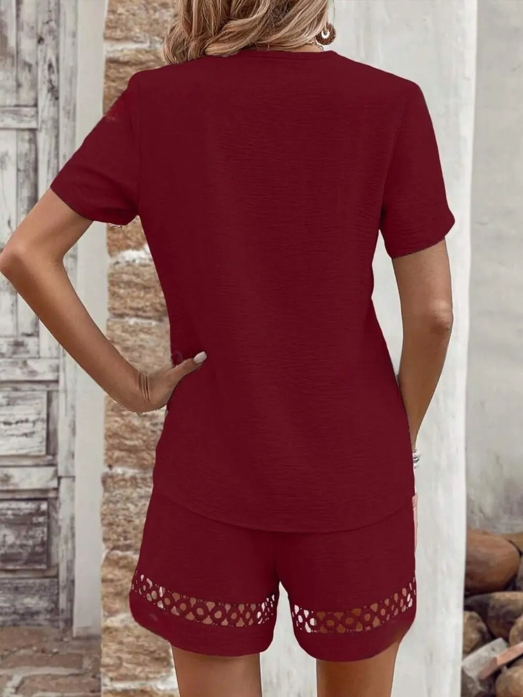 V Neck Short Sleeve Top Shorts Set (13)