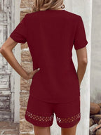 V Neck Short Sleeve Top Shorts Set (13)