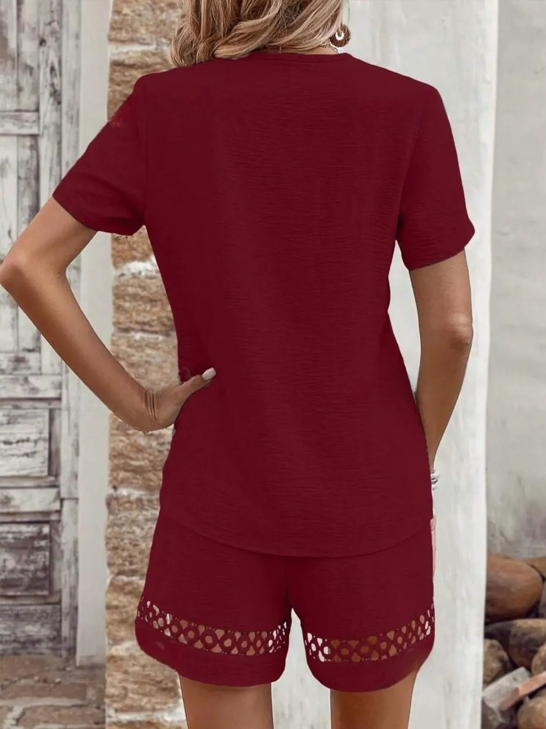 V Neck Short Sleeve Top Shorts Set (13)