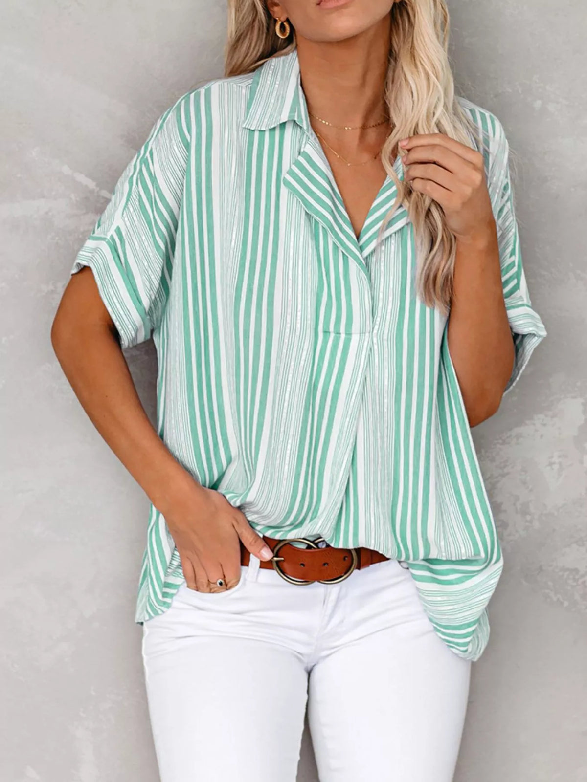 Full Size Collared Neck Half Sleeve Shirt Plus (6)