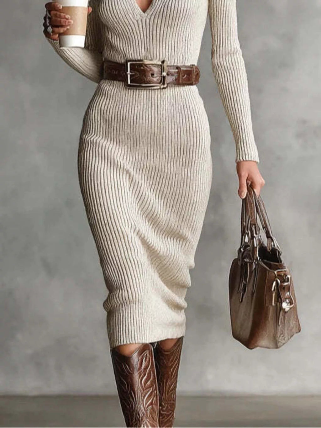 Ribbed Knit V-neck Sweater Dress (11)