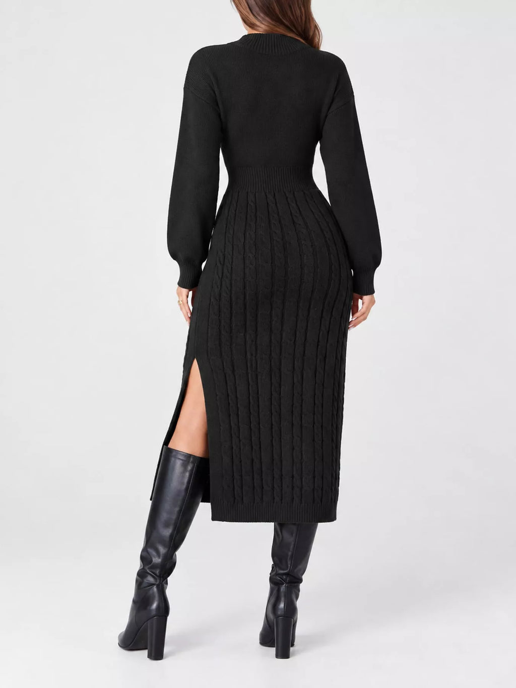 Full Size Mock Neck Cable Knit Sweater Dress Front Slit Plus (14)