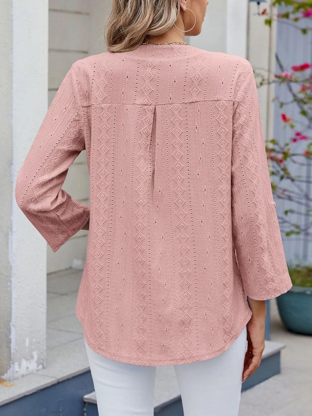 Eyelet Notched Roll-tab Sleeve Top (5)