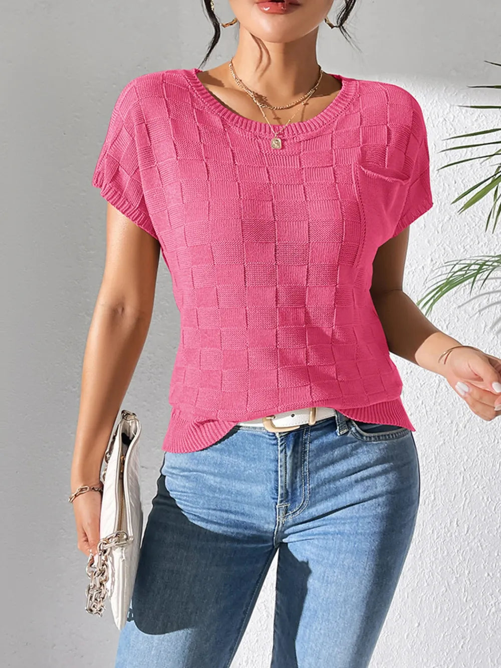 Round Neck Short Sleeve Knit Top (8)