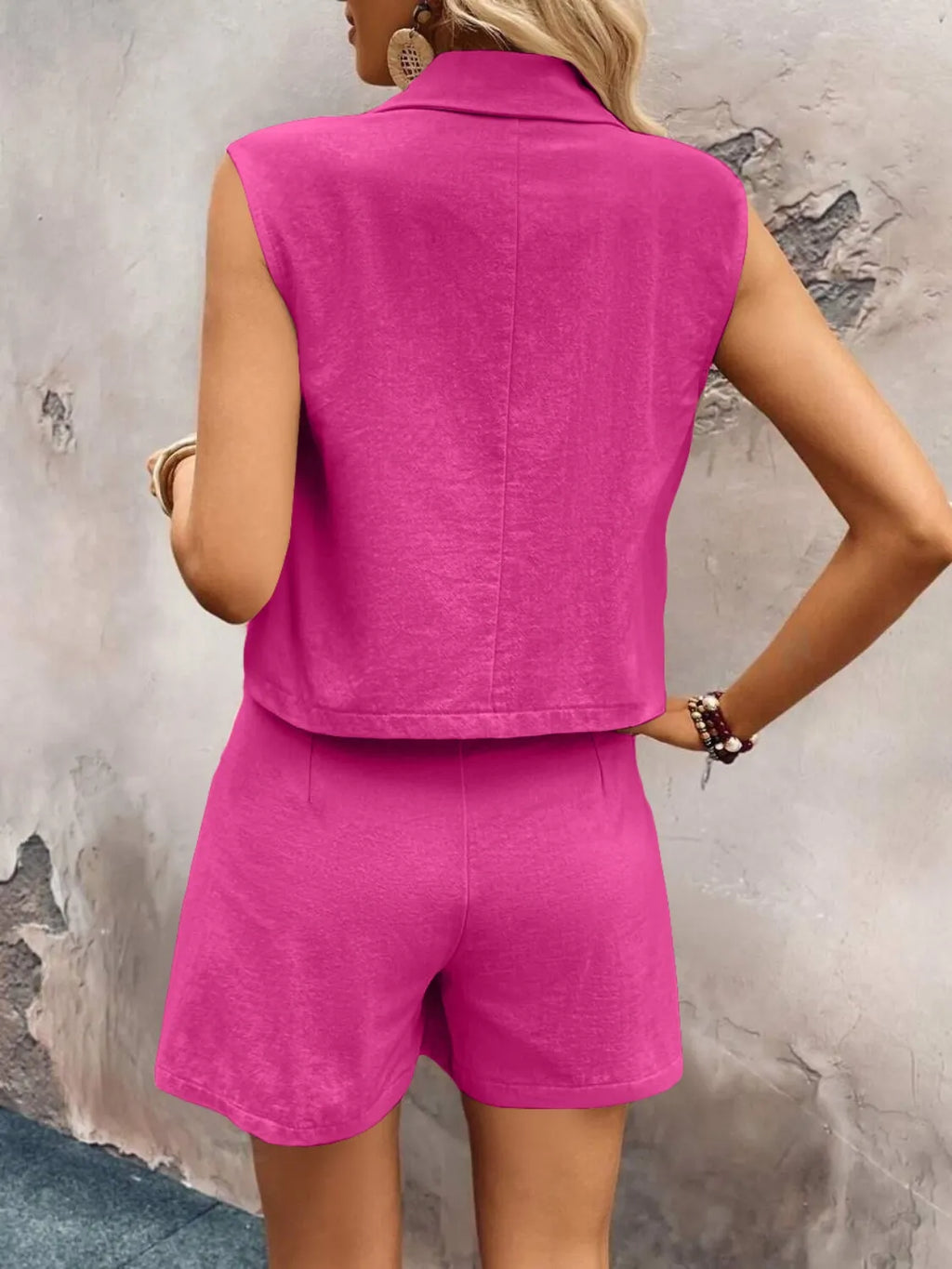 One Button Sleeveless Top Shorts Set (17)