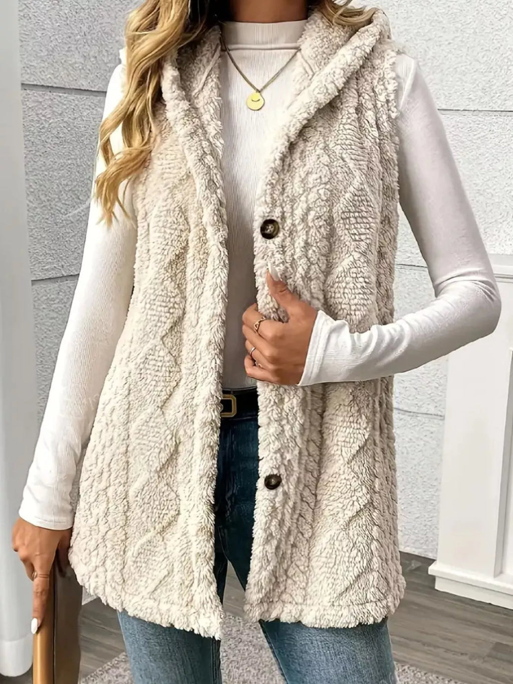 Hooded Button-up Sherpa Vest Coat