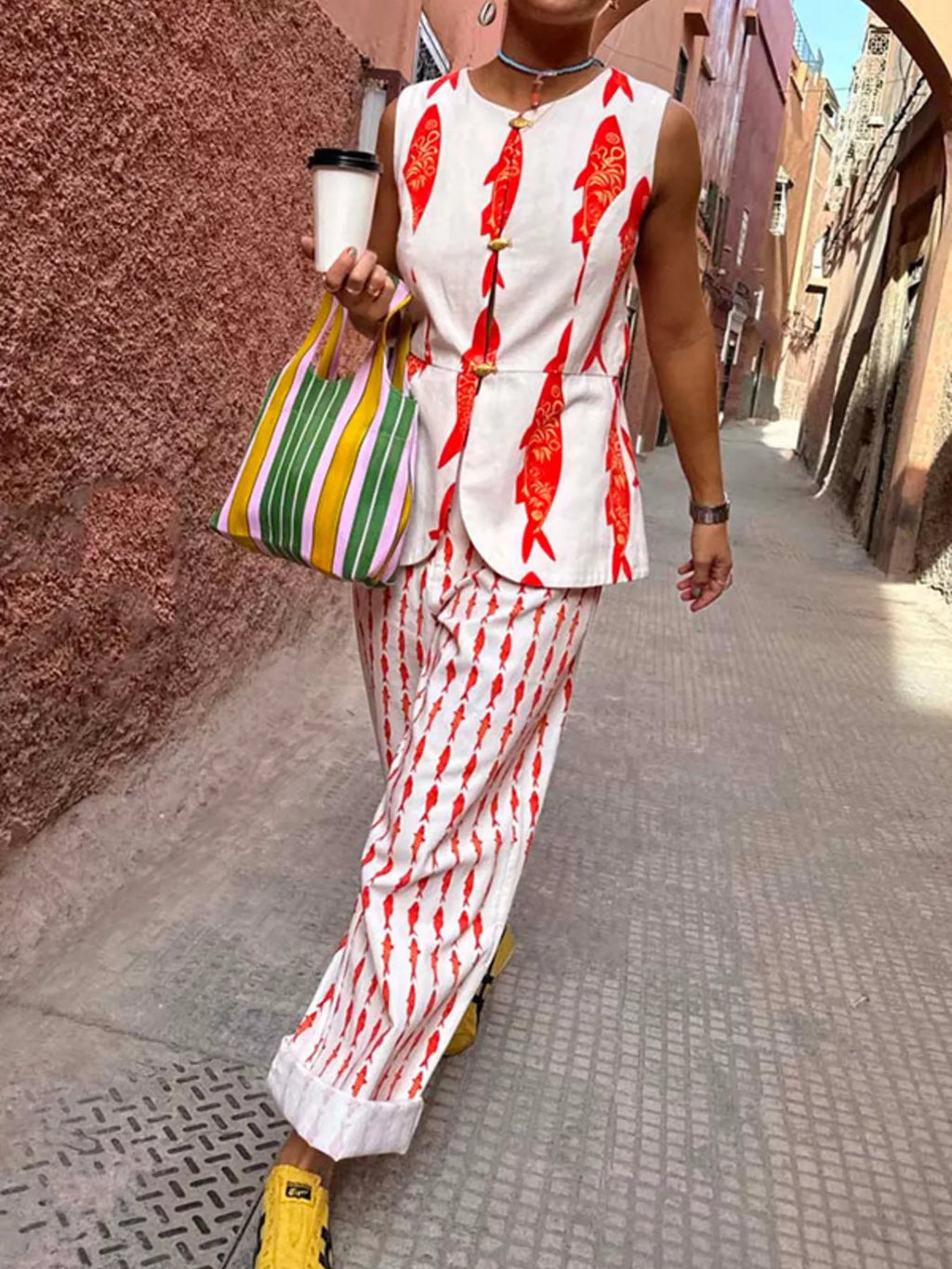 Fish Print Sleeveless Top Pants Set (11)
