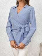 Bow Tie Waist Johnny Collar Neck Striped Blouse (6)