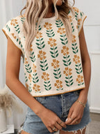 Flower Round Neck Short Sleeve Knit Top (4)