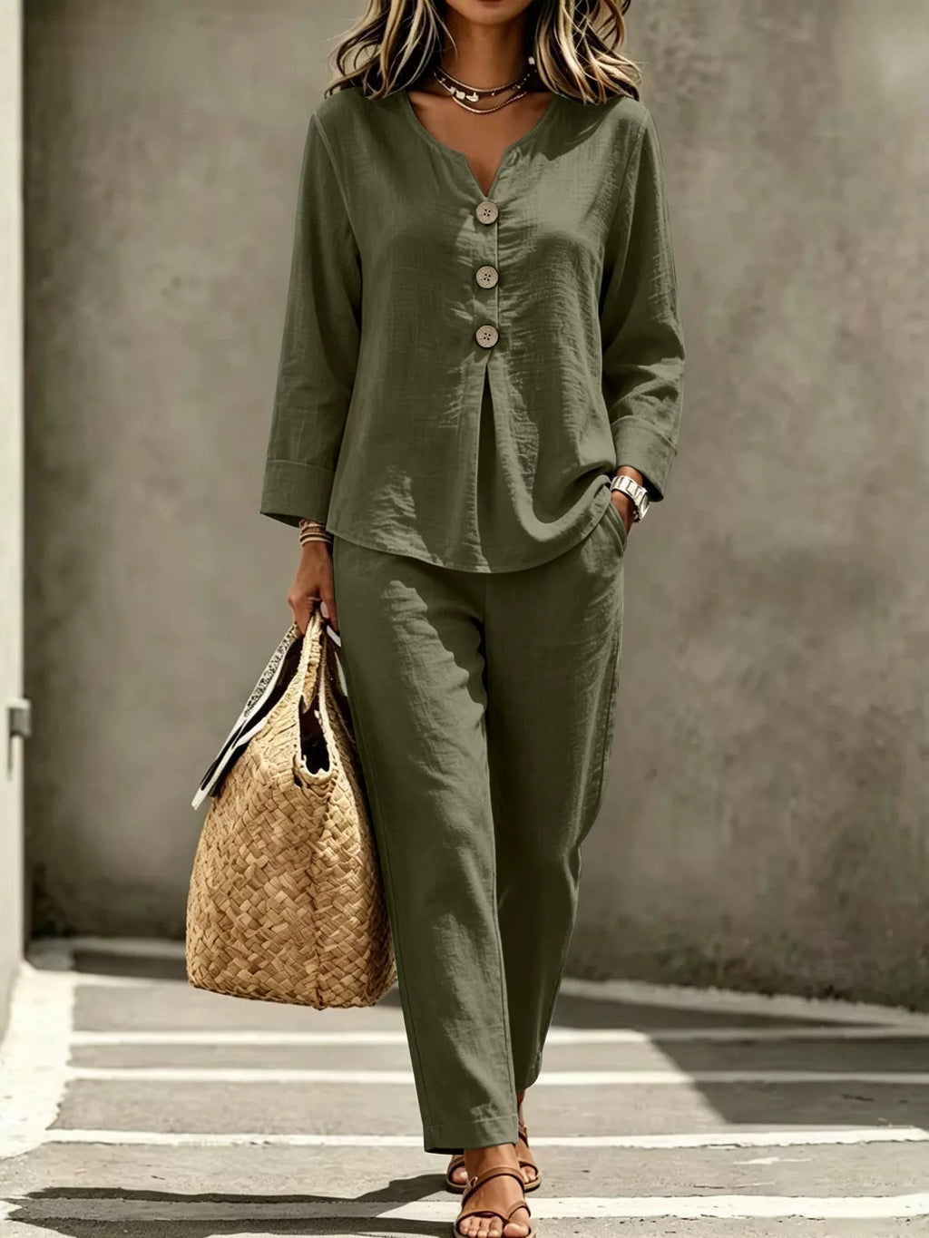 Button Detail Long Sleeve Top Pants Set (6)