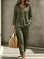 Button Detail Long Sleeve Top Pants Set (6)