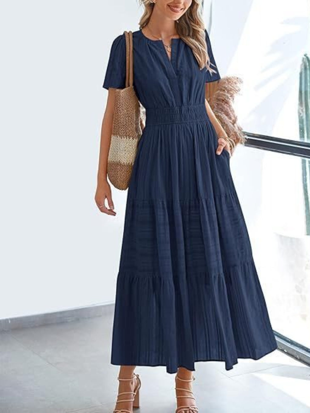 Notched Short Sleeve Tiered Dress (7)