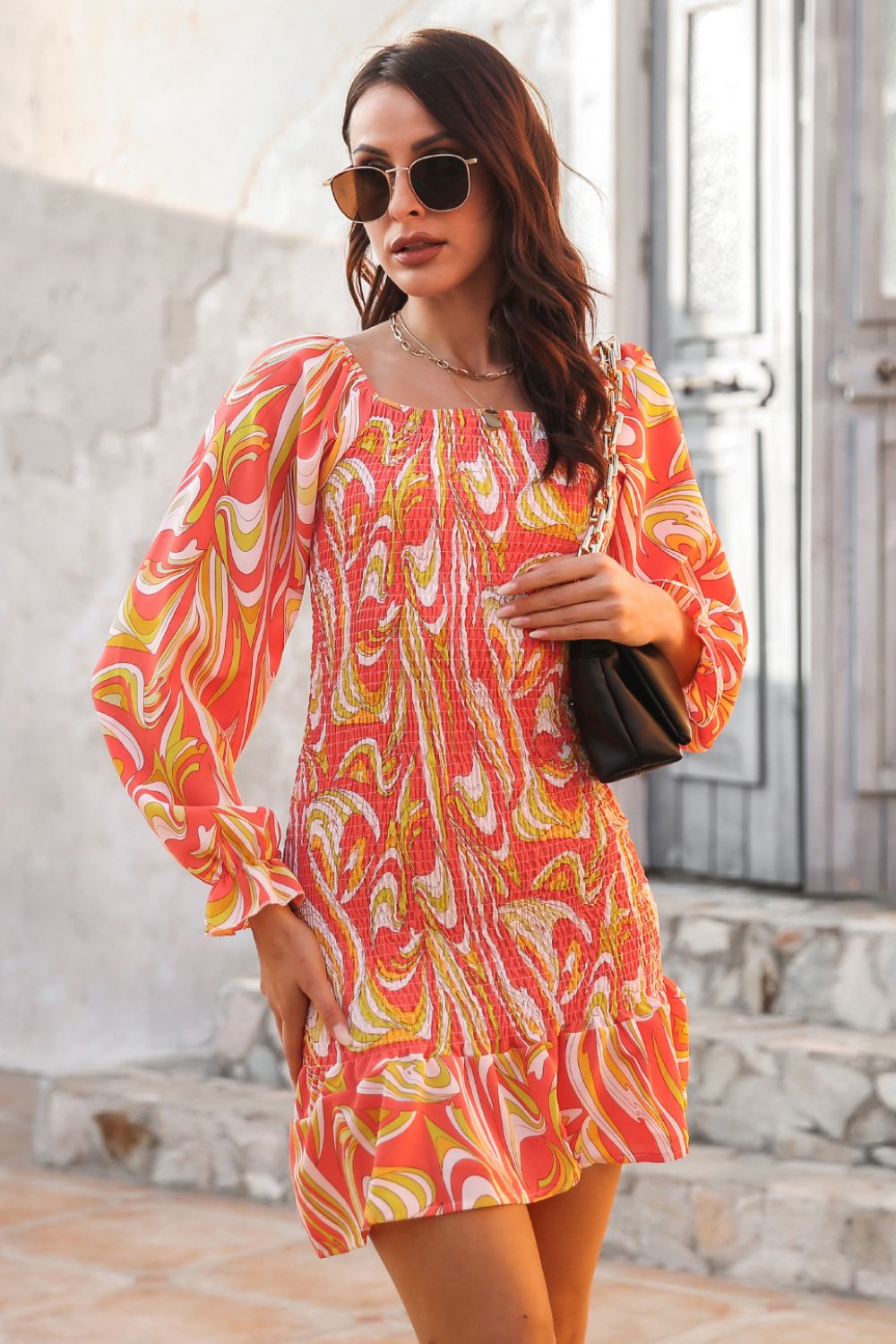 Abstract Print Square Neck Smocked Dress (9)