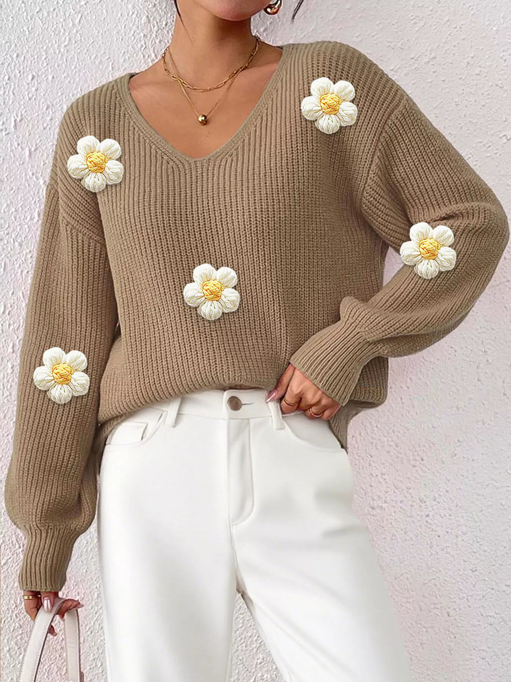 Floral Applique V-neck Sweater (13)