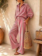 Striped Collared Shirt Wide-leg Drawstring Pants Set (10)