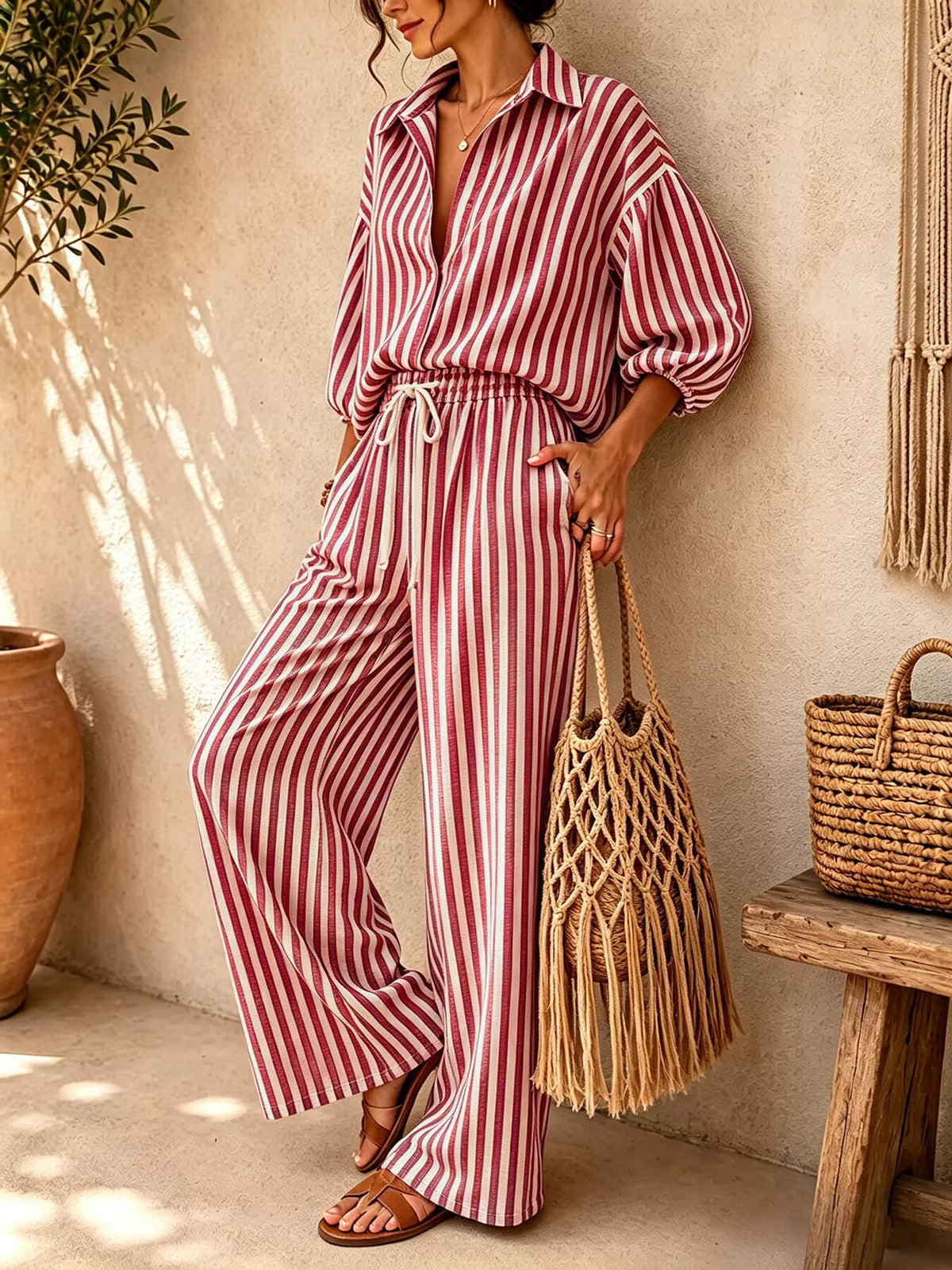 Striped Collared Shirt Wide-leg Drawstring Pants Set (10)