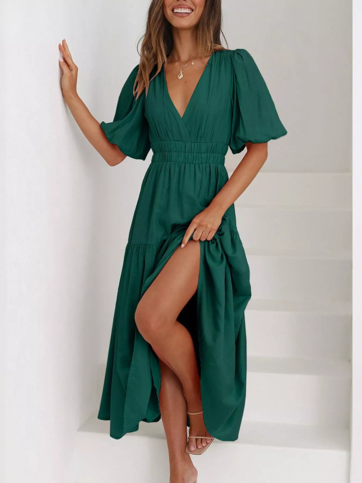 V-neck Puff Sleeve Midi Dress (24)