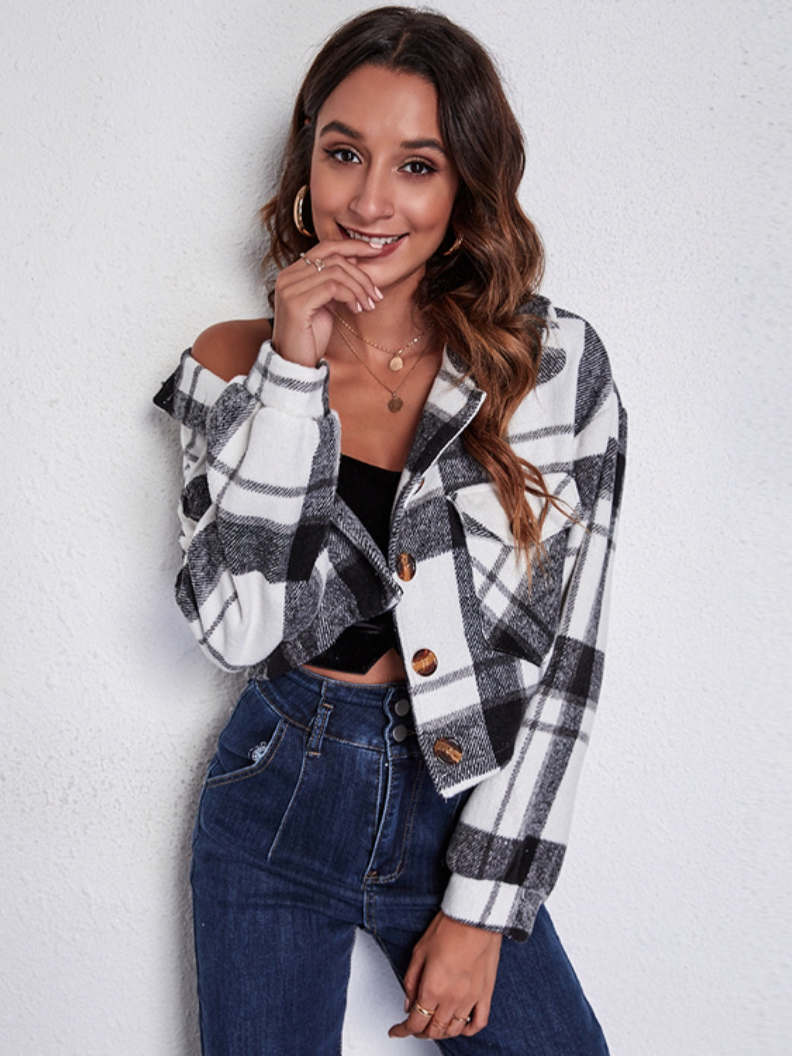 Plaid Button Front Jacket Pockets (4)