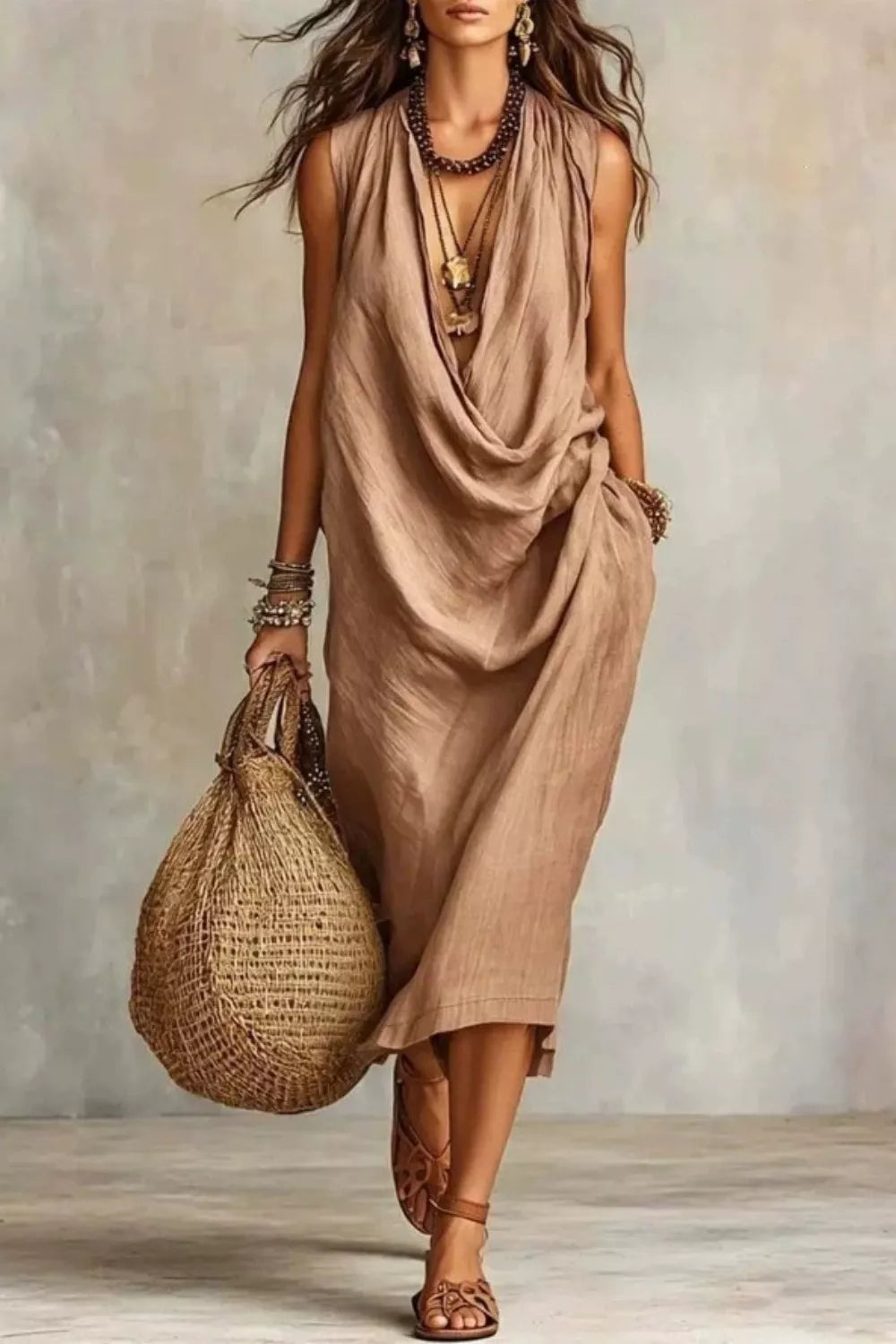 Sleeveless Drape Neck Midi Dress (4)