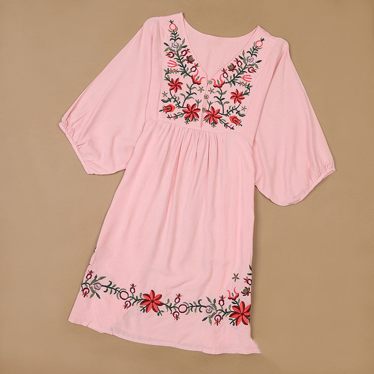 Embroidered V-neck Dress variant CJNSSYLY09694-Pink-One size