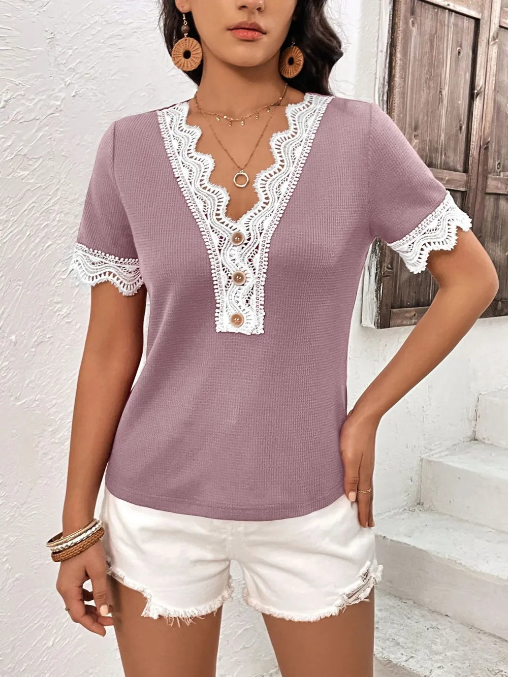 Lace Detail V-neck Short Sleeve T-shirt (11)