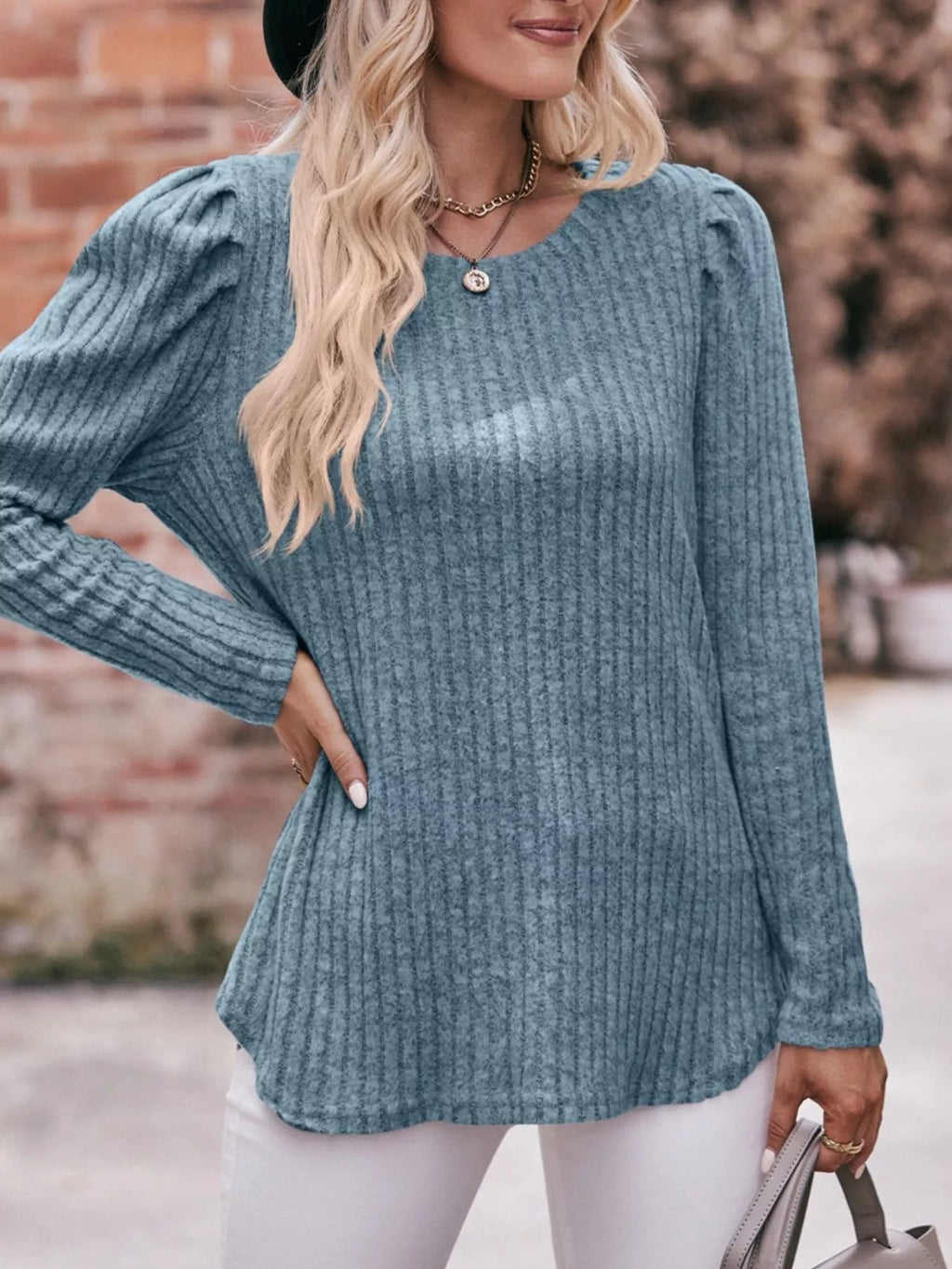 Ribbed Knit Puff Sleeve T-shirt (15)