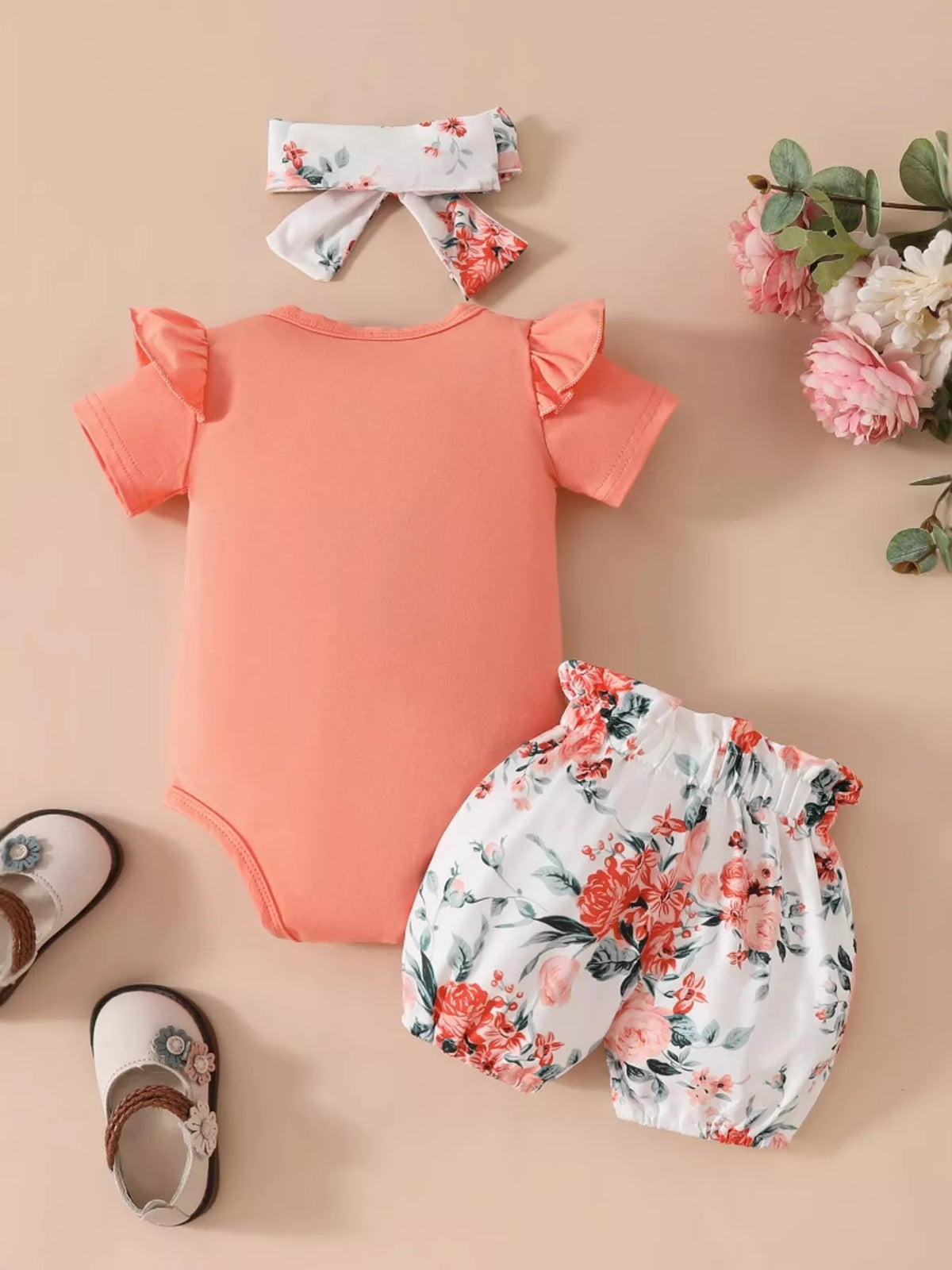 Children's Ruffled Bodysuit Floral Shorts Set Headband (2)