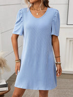 Textured Round Neck Short Sleeve Mini Dress (9)