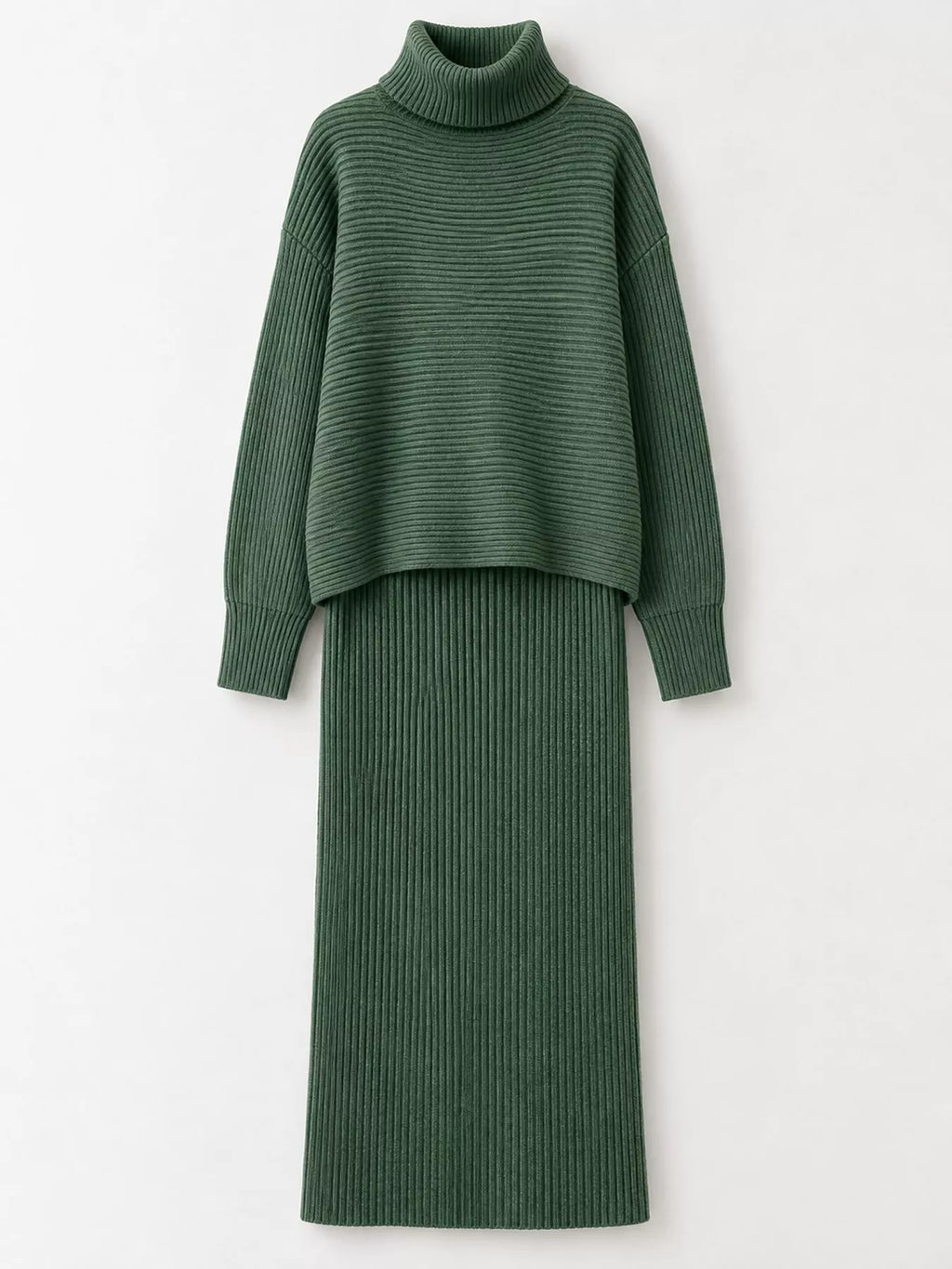 Ribbed Turtleneck Sweater Set Matching Midi Skirt (14)