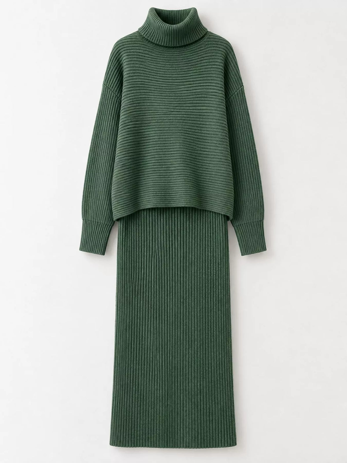 Ribbed Turtleneck Sweater Set Matching Midi Skirt (14)