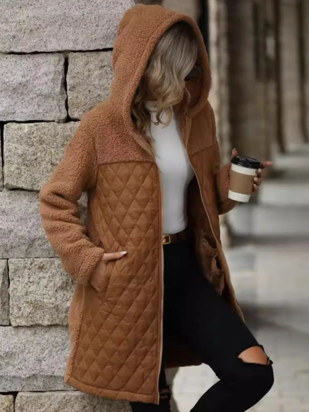 Texture Zip Up Long Sleeve Hooded Coat (2)