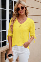 Eyelet Drawstring V-neck Half Sleeve T-shirt (23)
